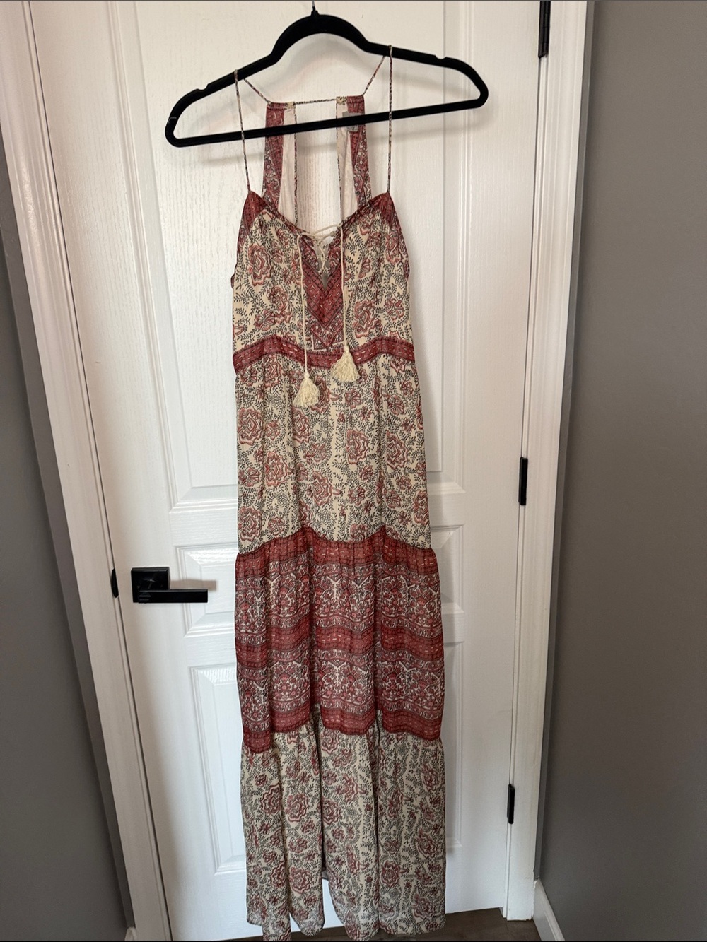 Ecote Cream and Rust Paisley Tiered Maxi Dress with Tassel Straps